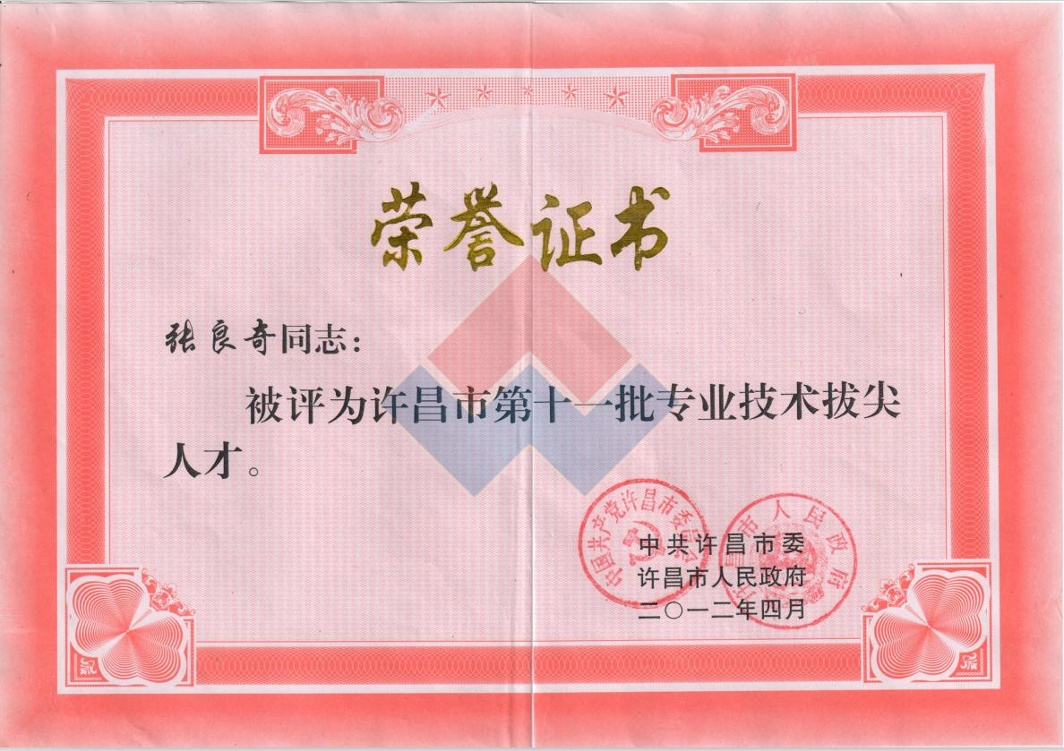 集團(tuán)董事長(zhǎng)張良奇被評(píng)為許昌市第十一批專業(yè)技術(shù)拔尖人才的榮譽(yù)稱號(hào)